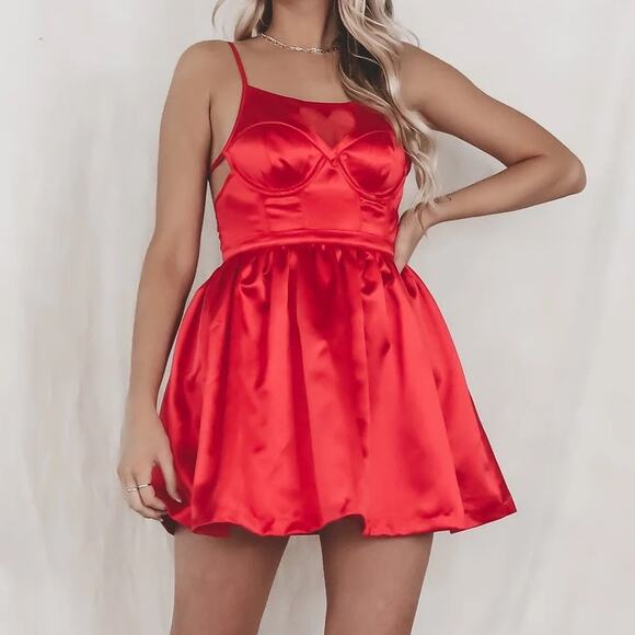 NEW For Love & Lemons Lauren Heart Mini Dress Womens Size Small Satin Strappy - Picture 2 of 8